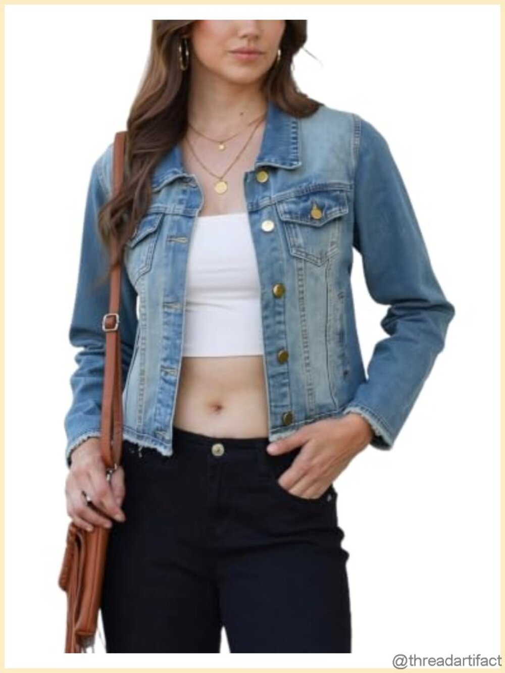 100% Cotton Cropped Denim Jacket Button Up Frayed Hem